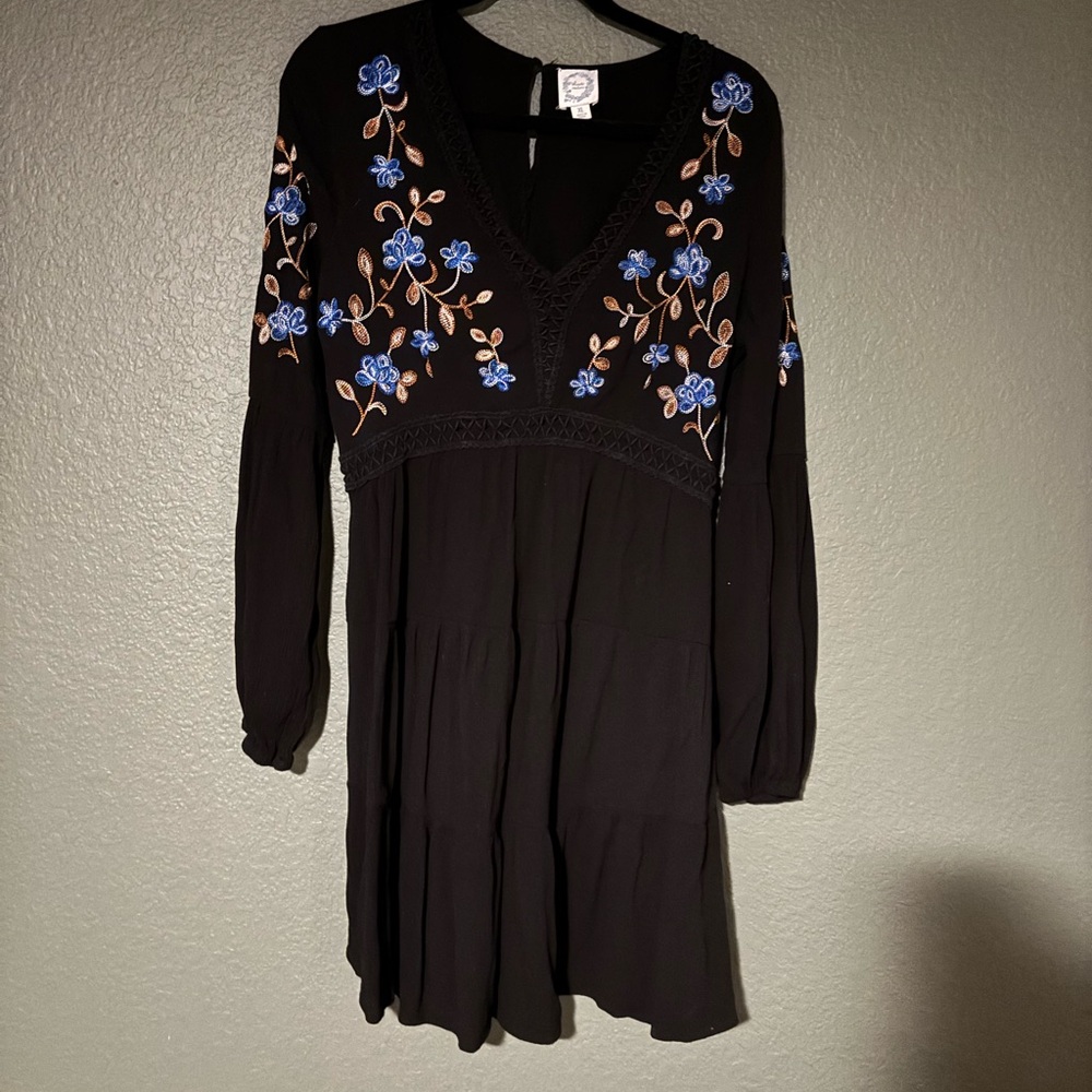 Blue Rain Black Dress with Blue Floral Embroidery